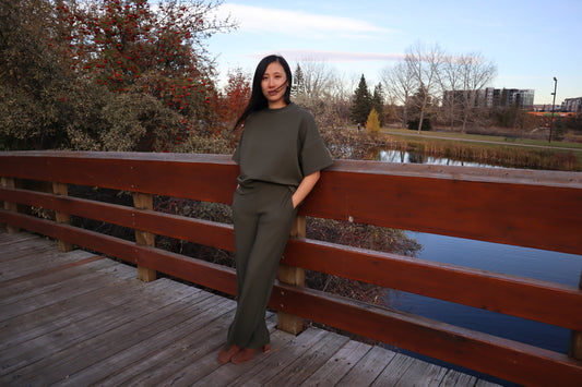 Ribbed Wide Leg Pant - Olive