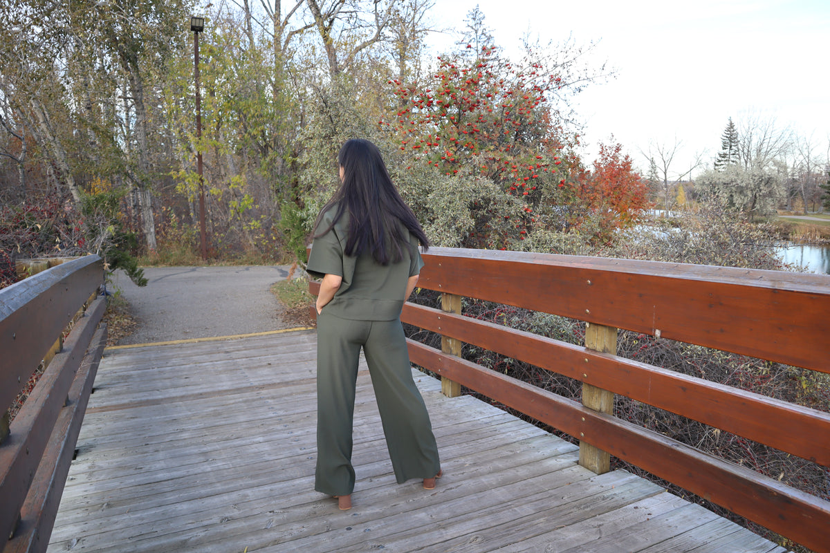Ribbed Wide Leg Pant - Olive