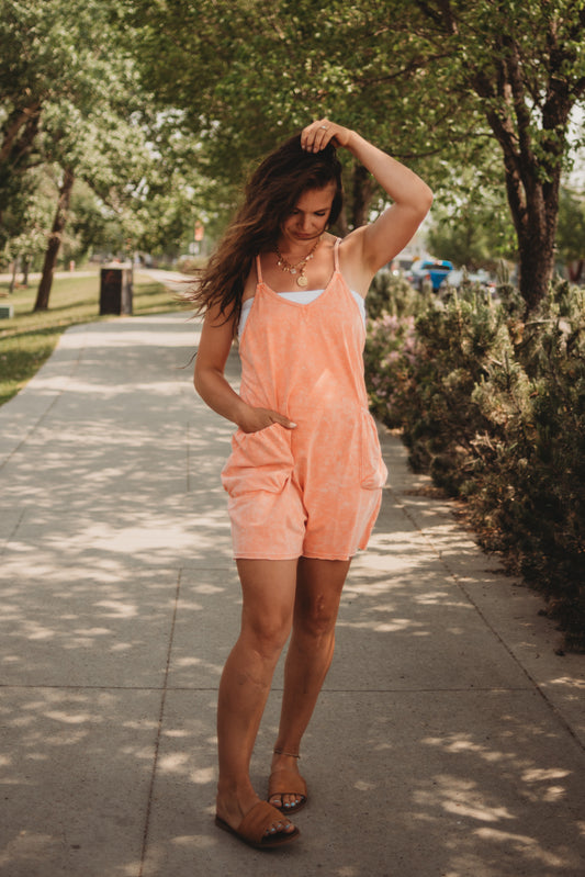 Amelia Mineral Wash Pocket Romper - Orange