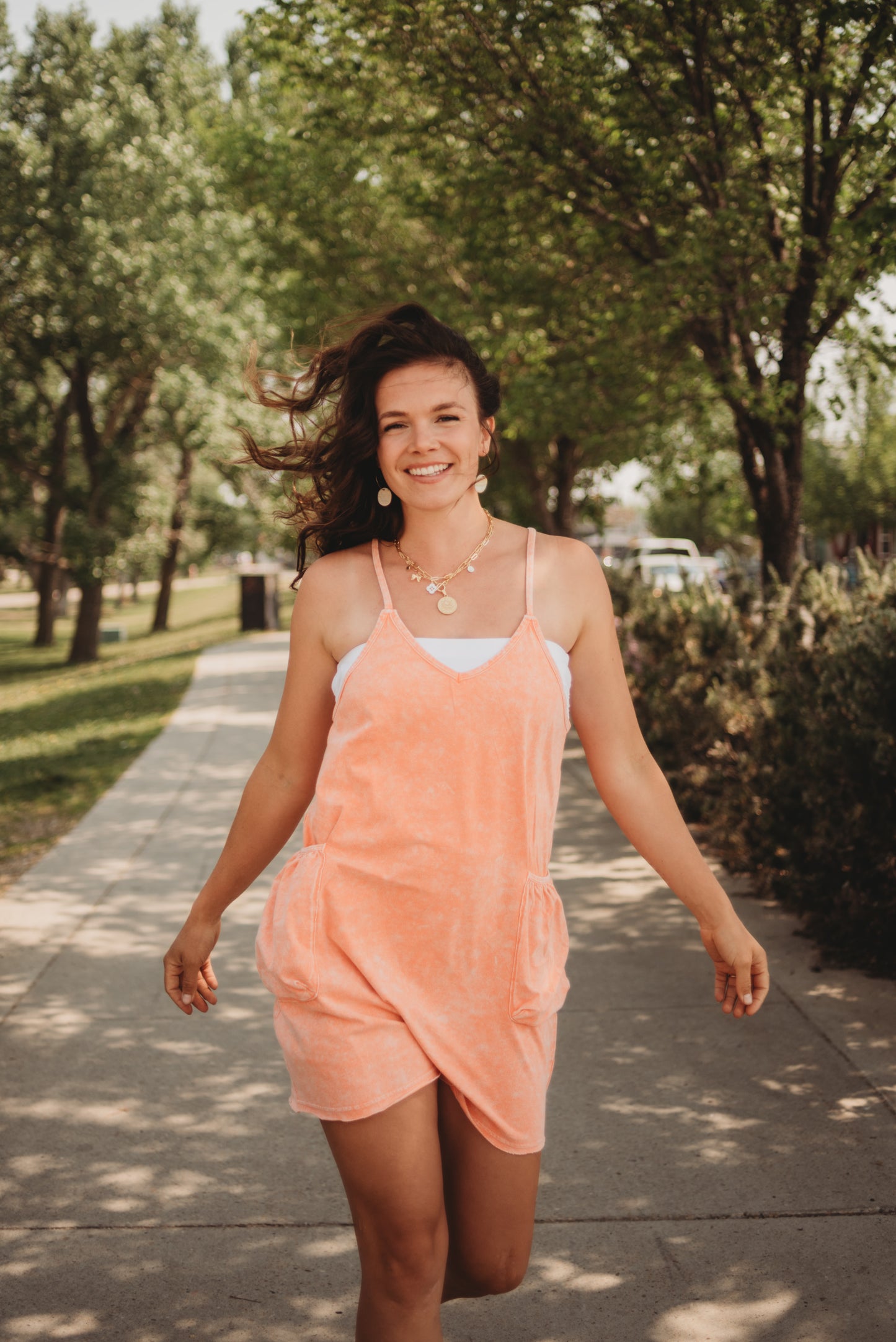Amelia Mineral Wash Pocket Romper - Orange
