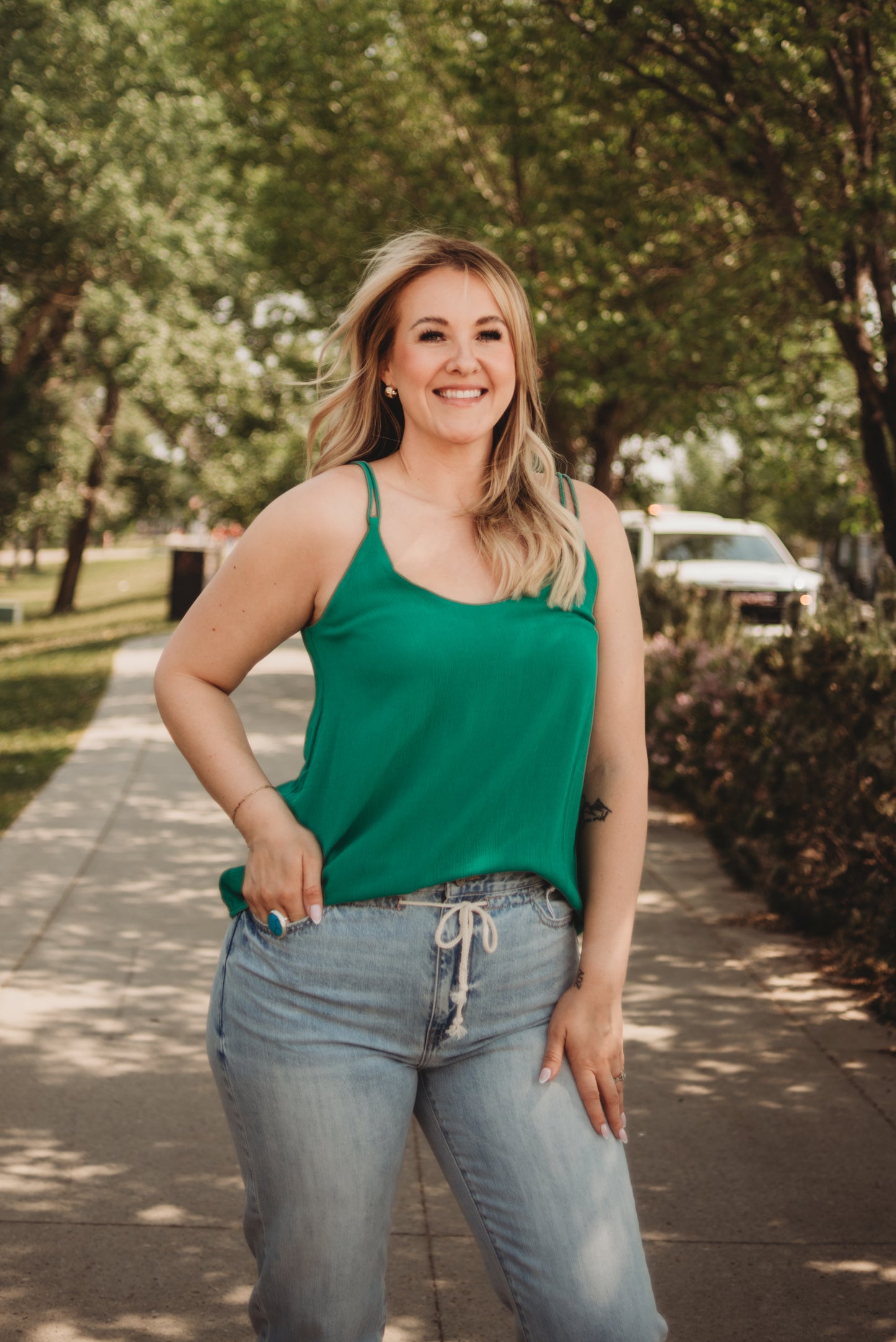 Alba Double Strap Crinkle Cami Tank- Green