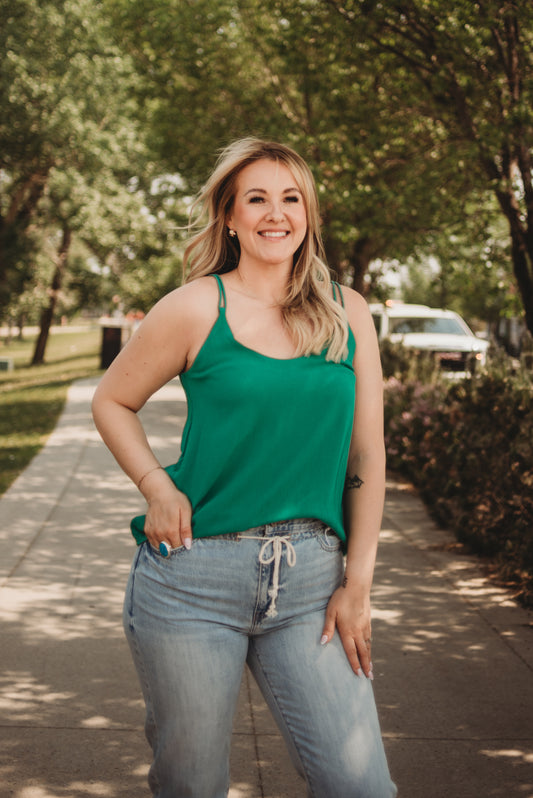 Alba Double Strap Crinkle Cami Tank- Green