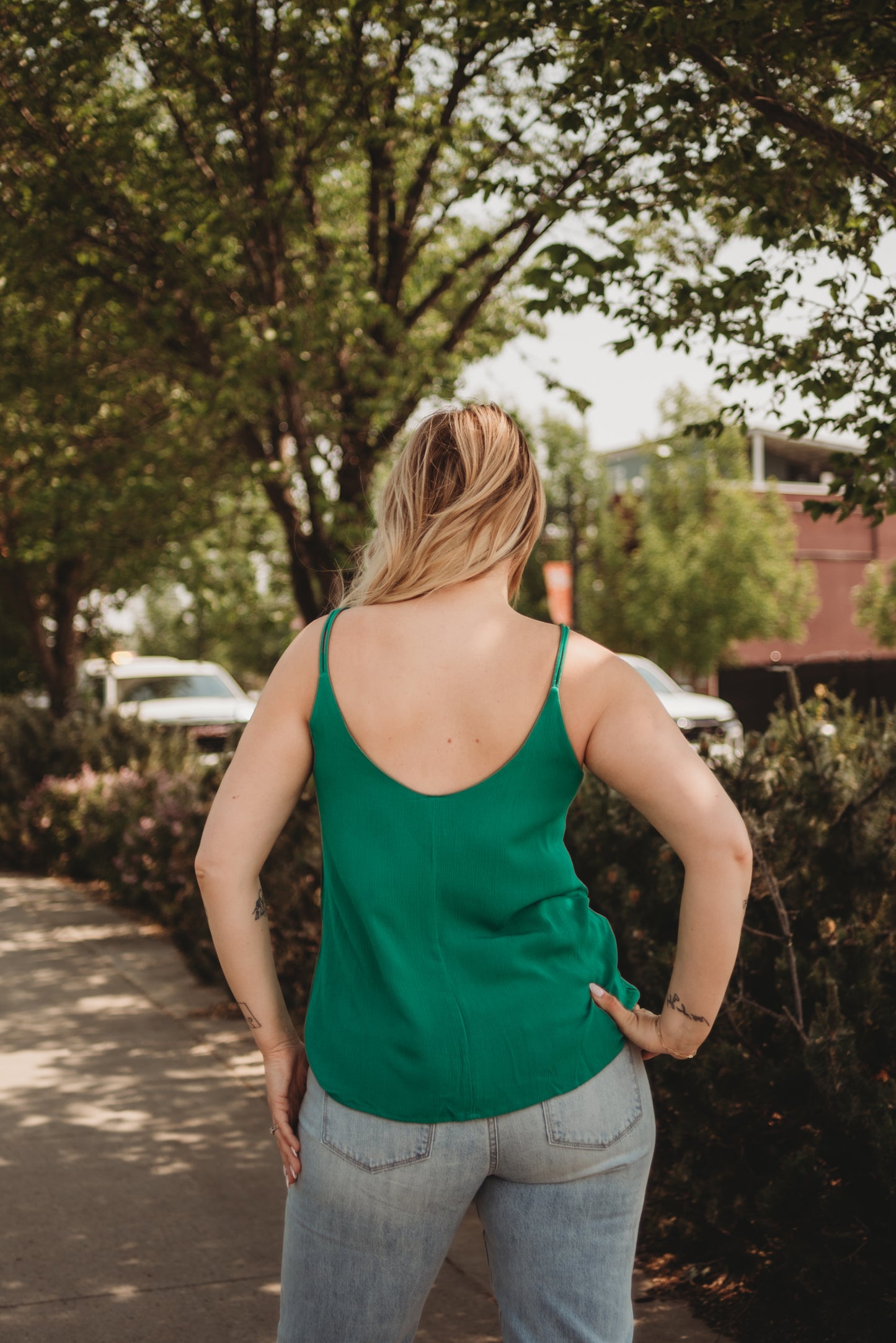 Alba Double Strap Crinkle Cami Tank- Green