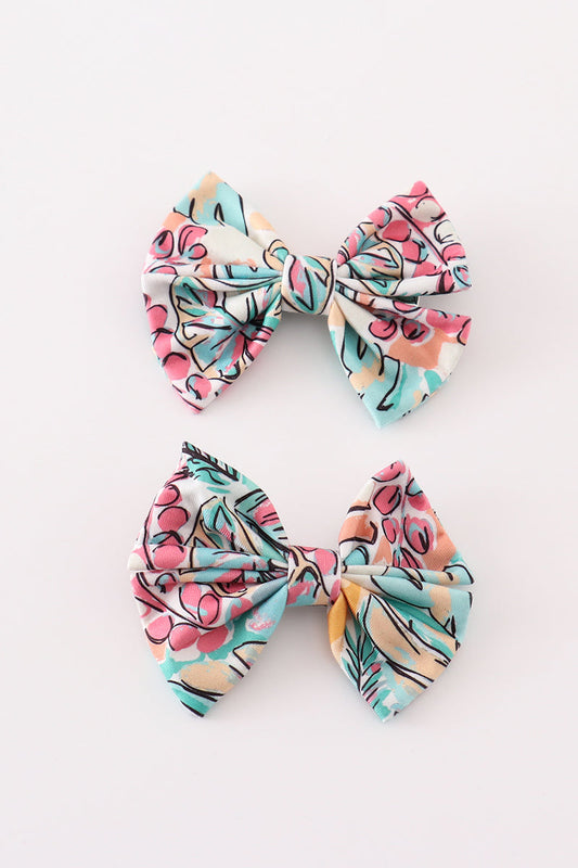Kids - Teal Floral Piggie Bow
