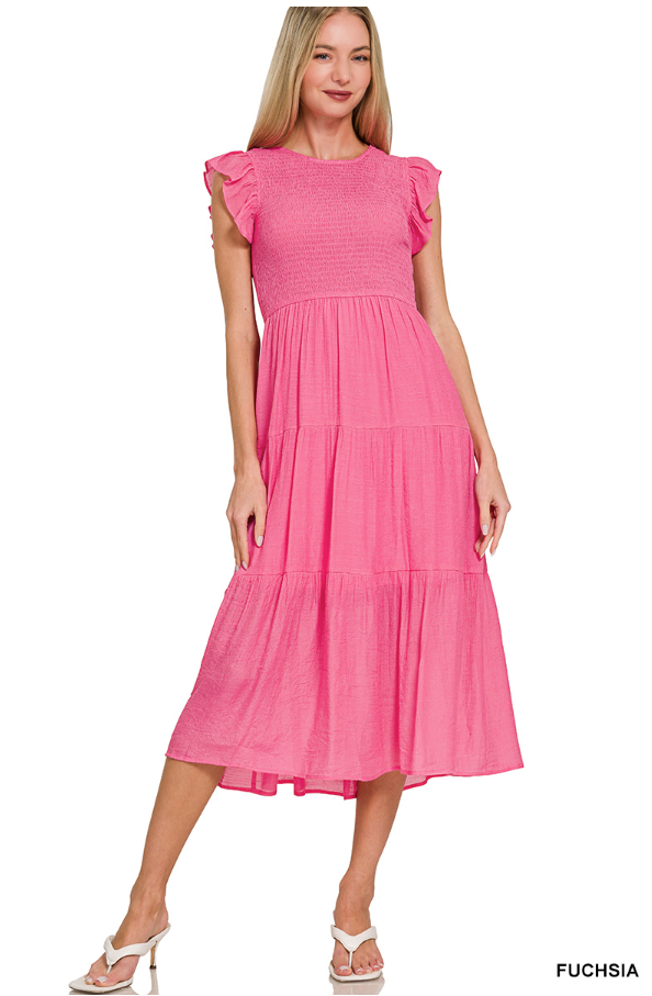 Ruffle Sleeve Smocked Midi Dress - Fuchsia