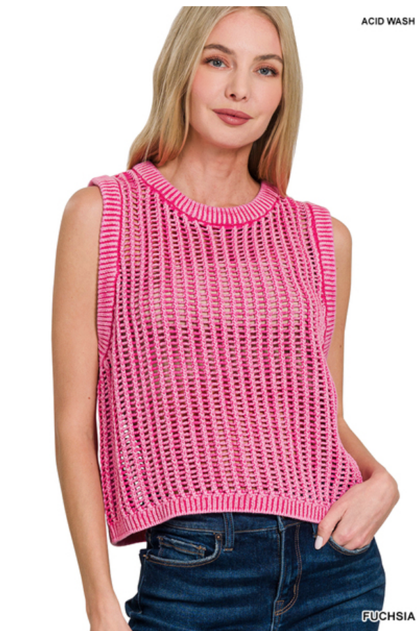 Sandi Acid Washed Fishnet Sleeveless Sweater - Fuchsia