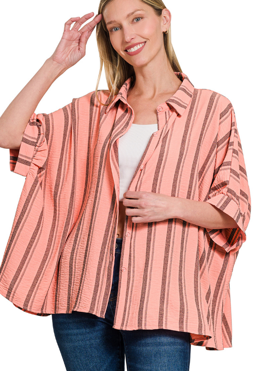 Kendra Woven Oversized Button Down - Pink