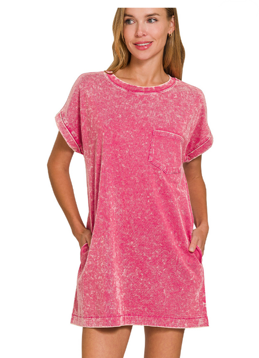 Erin Washed T Shirt Dress - Pink