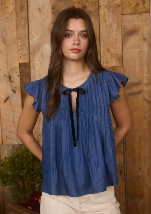 Carla Chambray Pleated Top