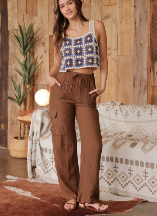 Marley Wide Leg Cargo Pants- Brown