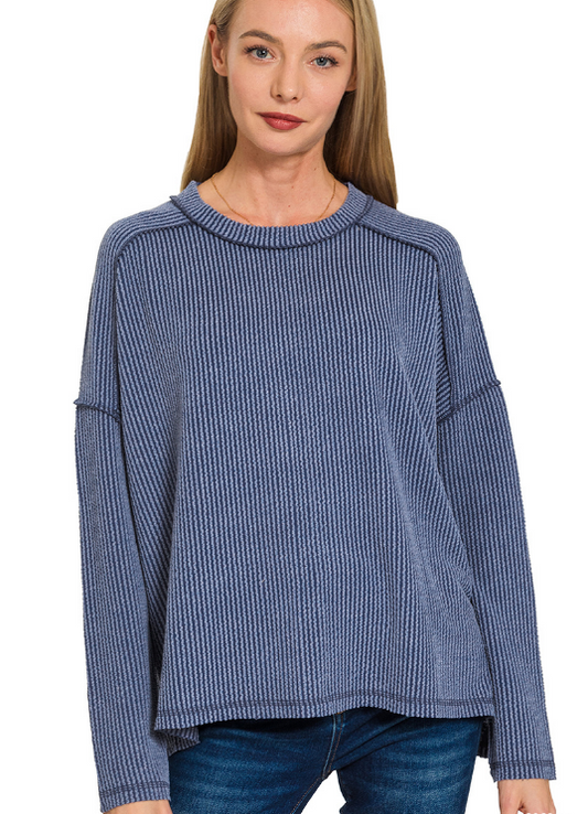 + Shantel Ribbed Raw Edge Long Sleeve - Navy