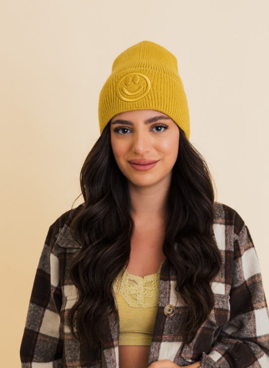 Cheerful Embroidered Knit Beanie-Mustard