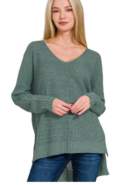 Tessa Center Seam Hi-Low Sweater- Ash Jade