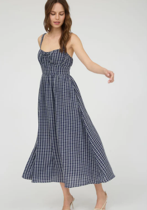 Victoria Plaid Midi Dress- Navy
