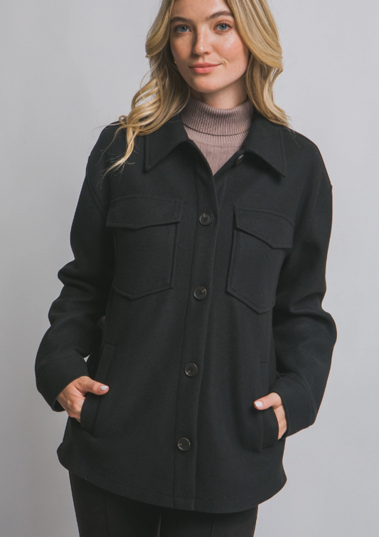 Mira Fleece Button Down Shacket-Black