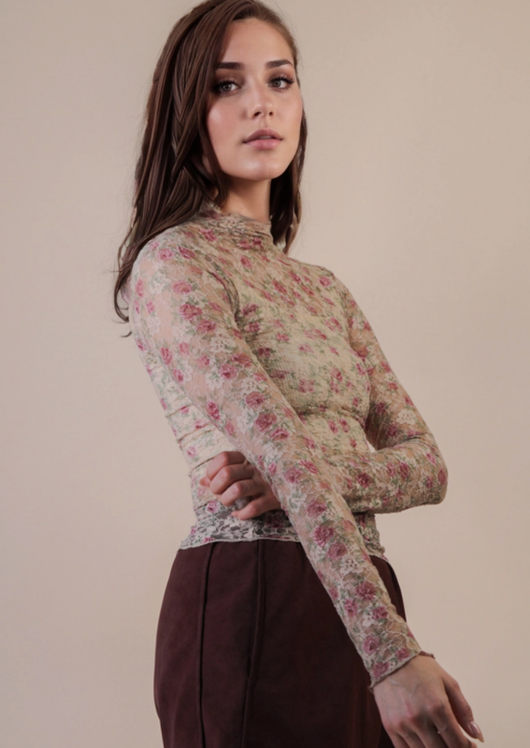 Angela Floral Lace Top - Beige