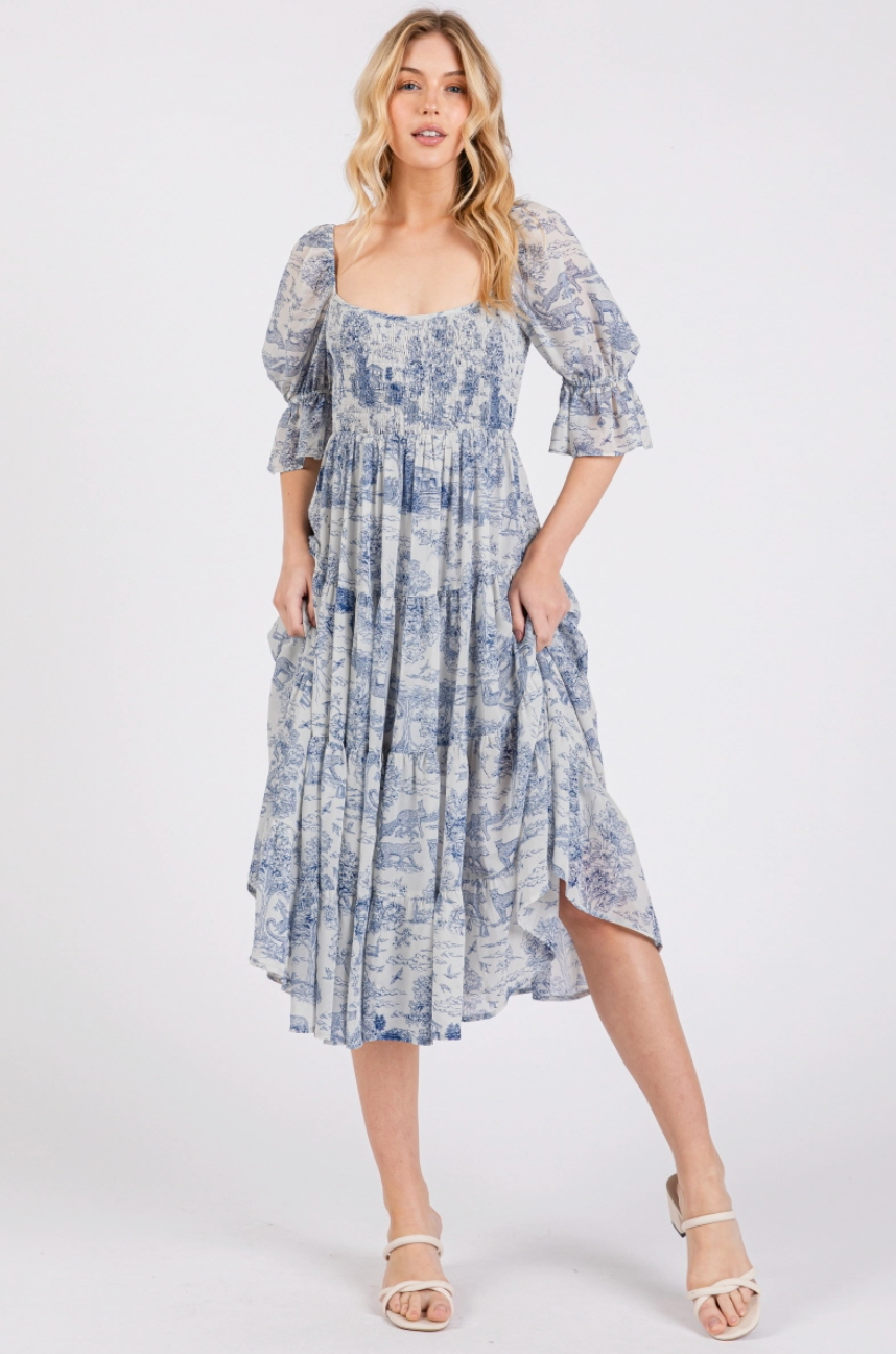 Lenni Floral Bubble Sleeve Midi Dress