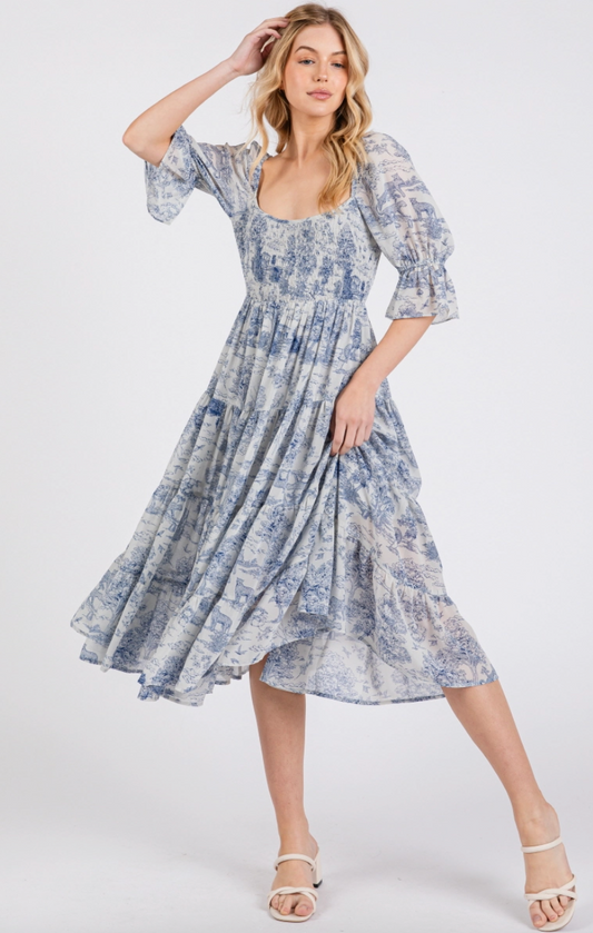 Lenni Floral Bubble Sleeve Midi Dress