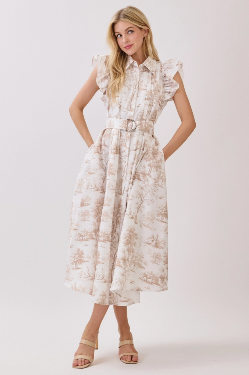 Celene Ruffle Sleeve Button Down Midi Dress