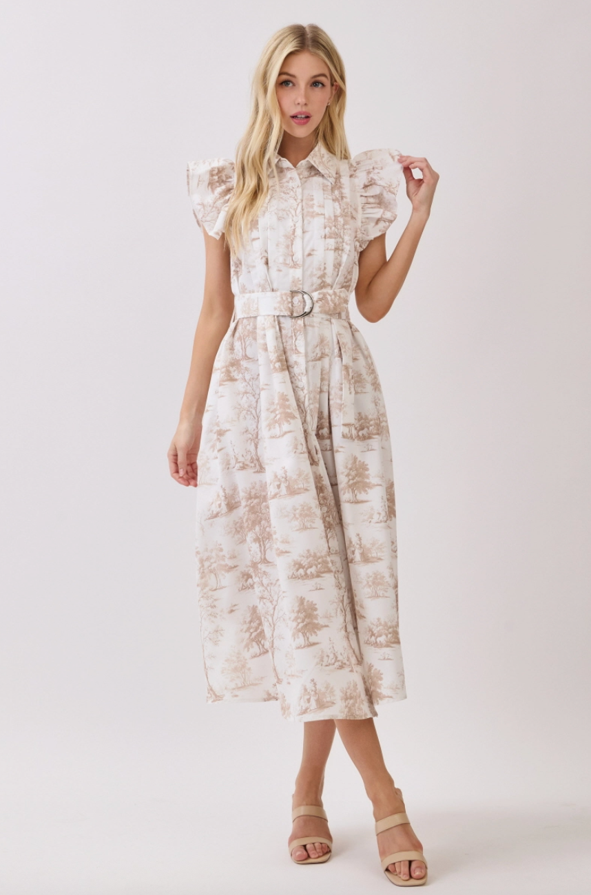Celene Ruffle Sleeve Button Down Midi Dress
