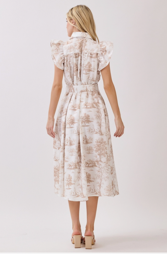 Celene Ruffle Sleeve Button Down Midi Dress