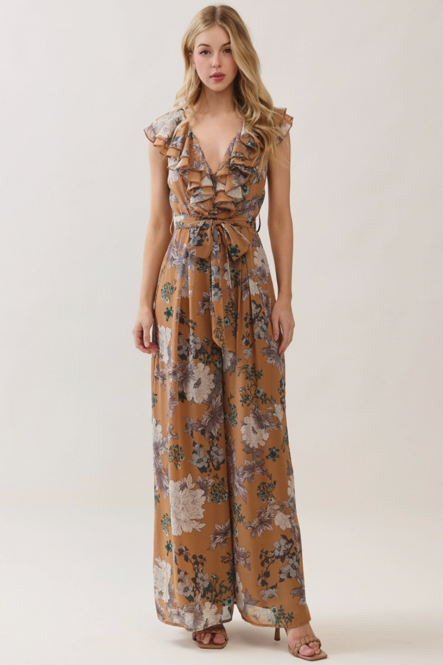 Tabitha Floral Print Ruffle Front Jump-Suit