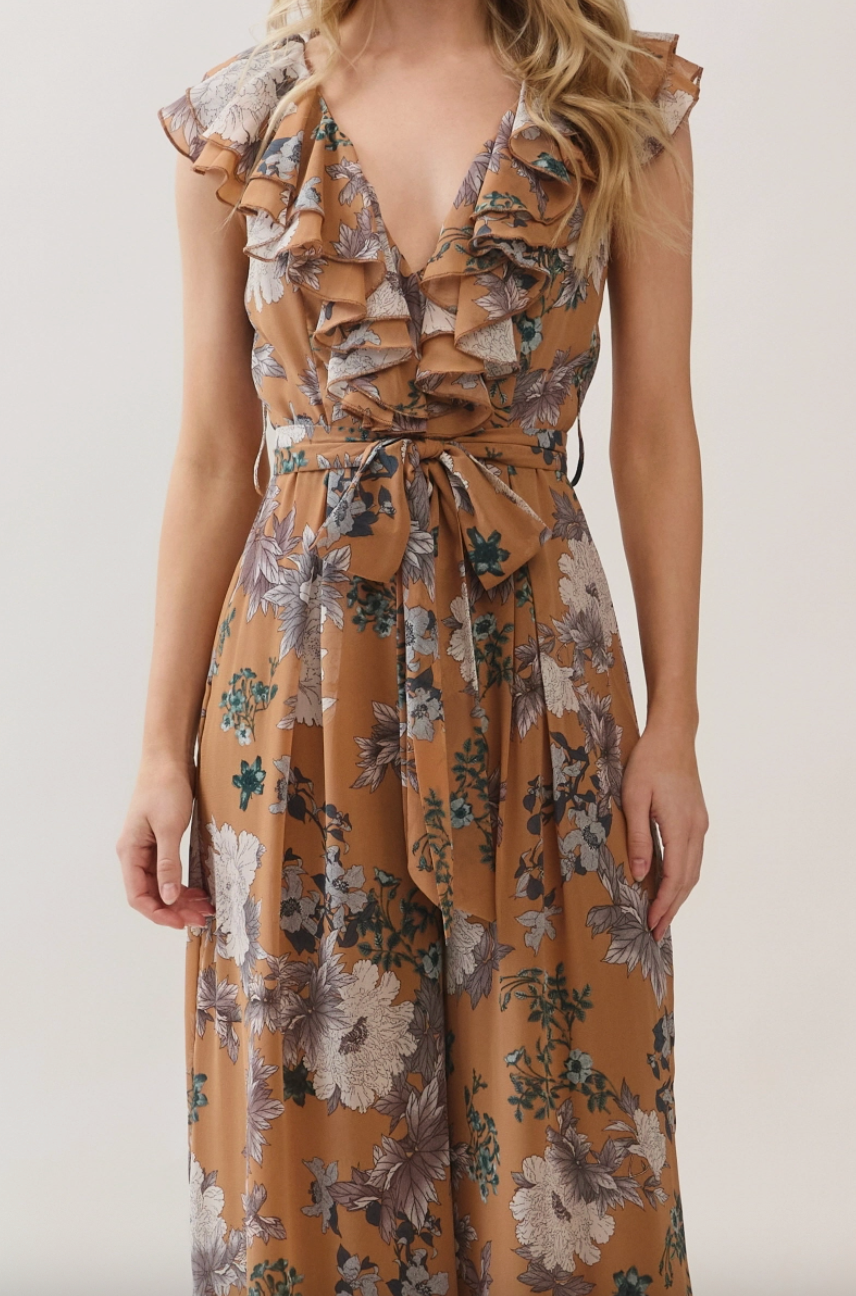 Tabitha Floral Print Ruffle Front Jump-Suit