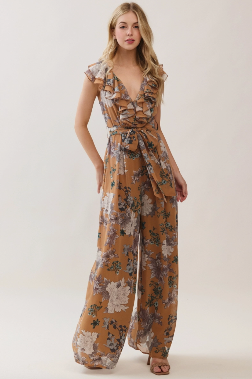 Tabitha Floral Print Ruffle Front Jump-Suit