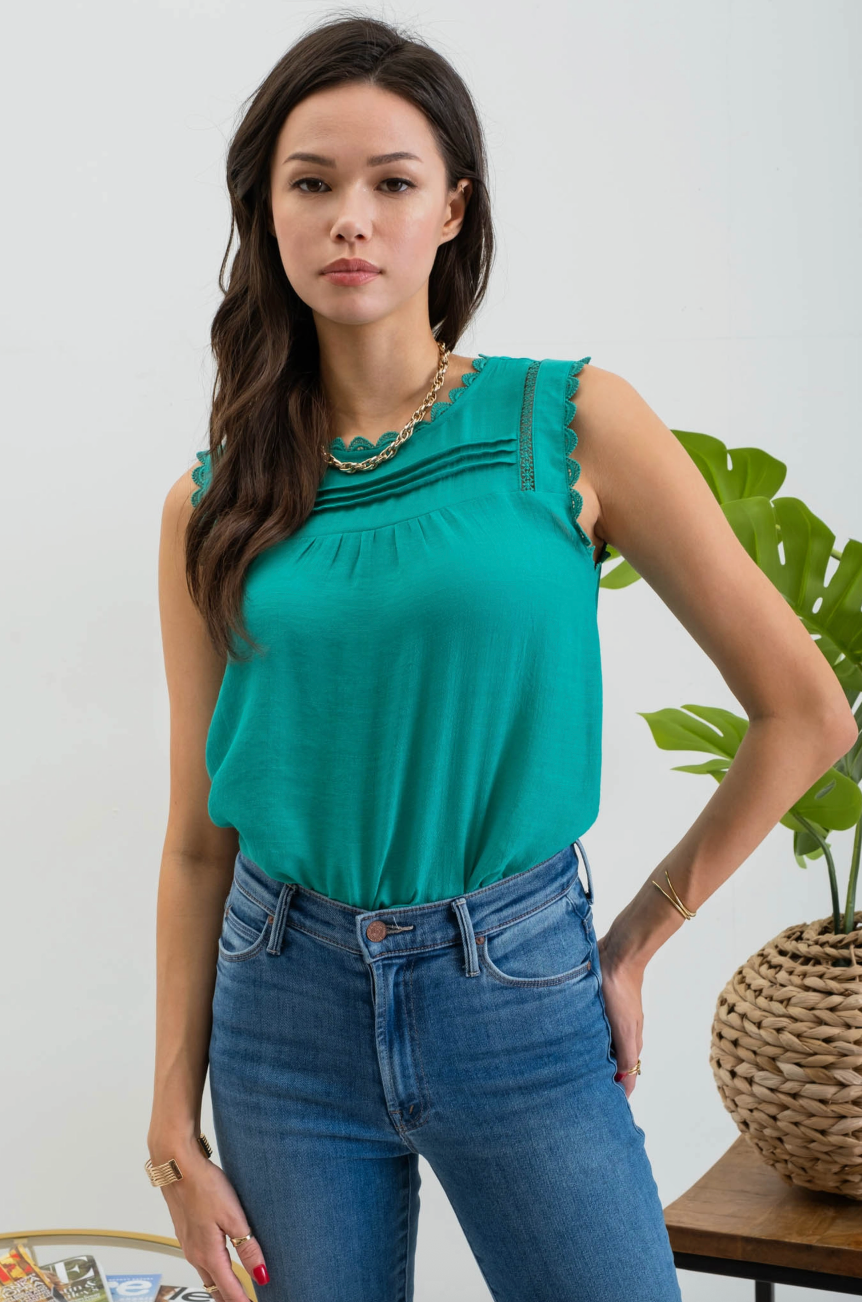 Roary Lace Edge Woven Top - Teal
