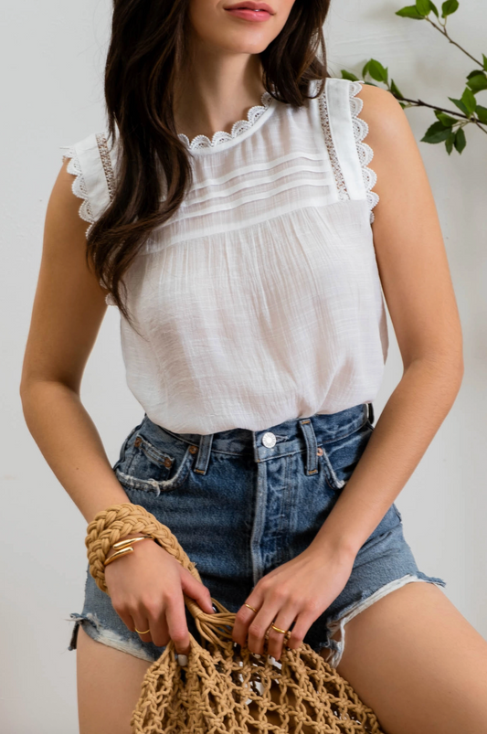 Roary Lace Edge Woven Top - White