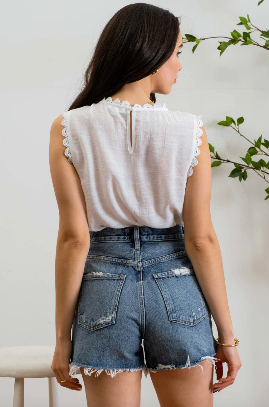 Roary Lace Edge Woven Top - White