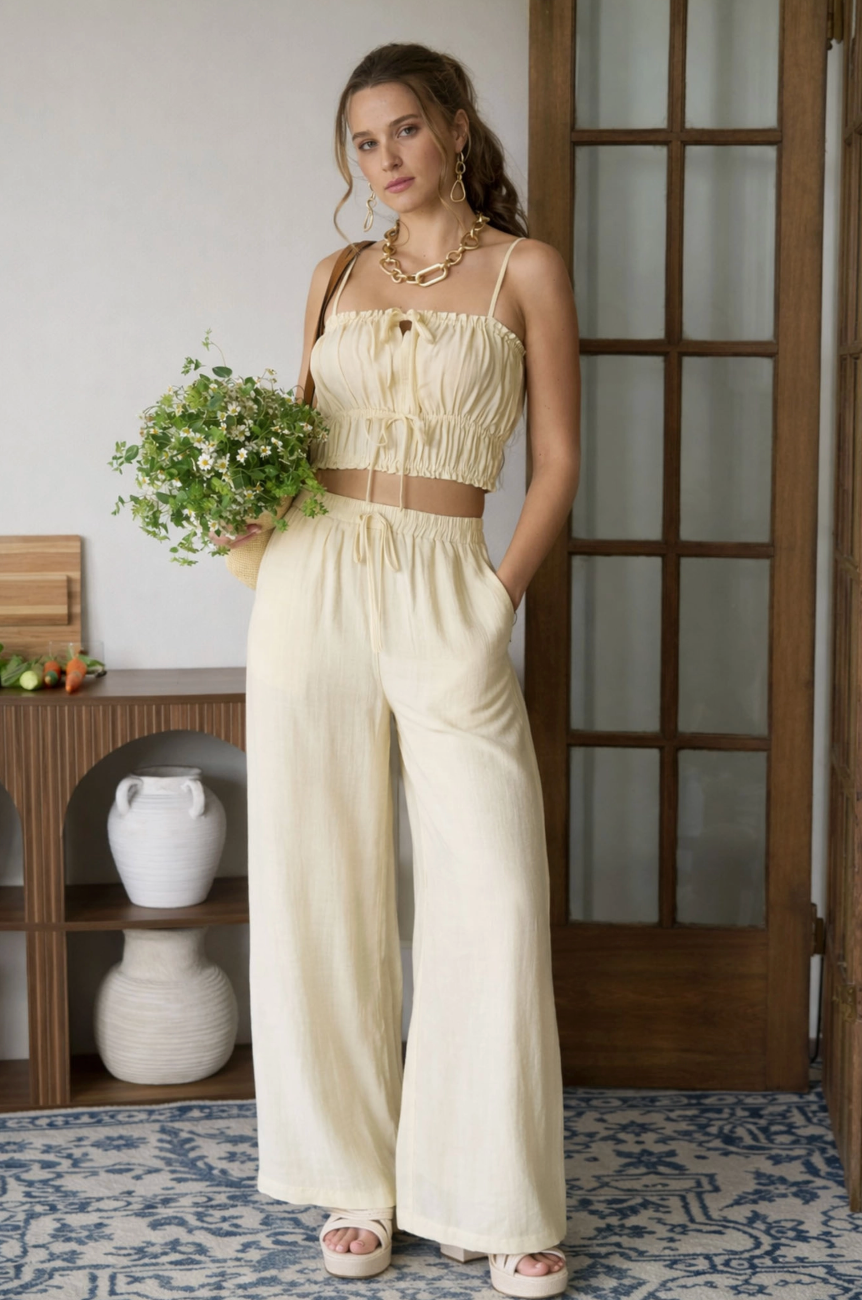 Kylie Cropped Cami Top and Wide Leg Pant Set - Yellow