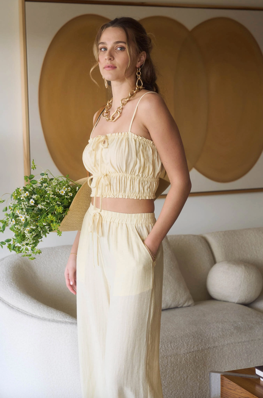 Kylie Cropped Cami Top and Wide Leg Pant Set - Yellow