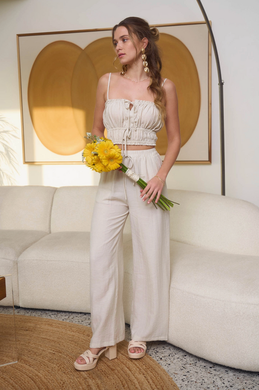 Kylie Cropped Cami Top and Wide Leg Pant Set - Natural