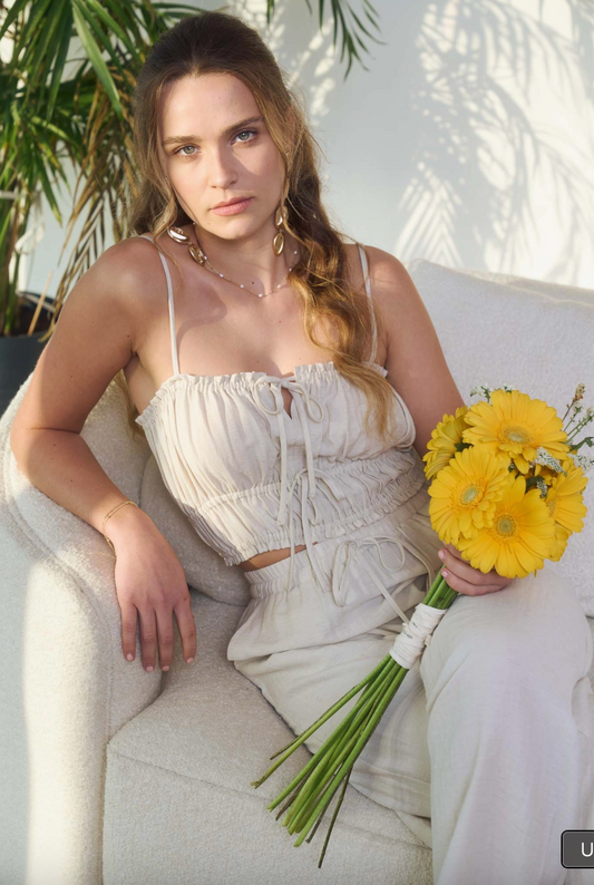 Kylie Cropped Cami Top and Wide Leg Pant Set - Natural