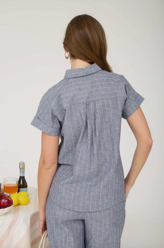 Tory Striped Linen Collared Button Tee