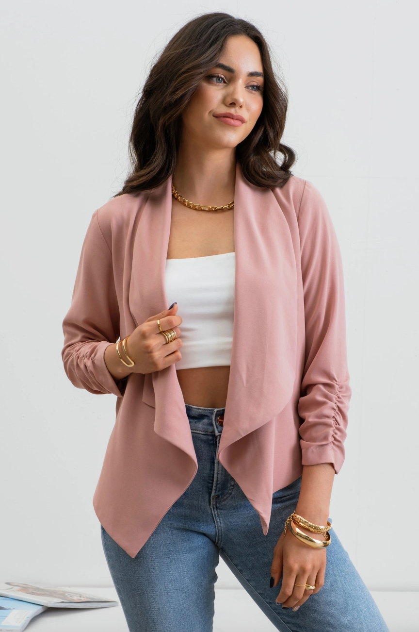 Avalon 3/4 Rouched Sleeve Blazer - Dusty Pink