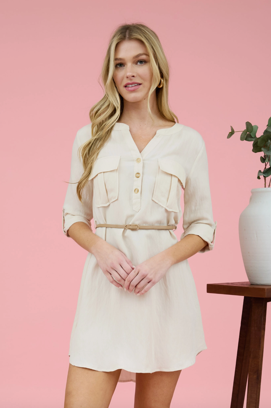 Antonia 3/4 Sleeve Belted Mini Dress - Cream