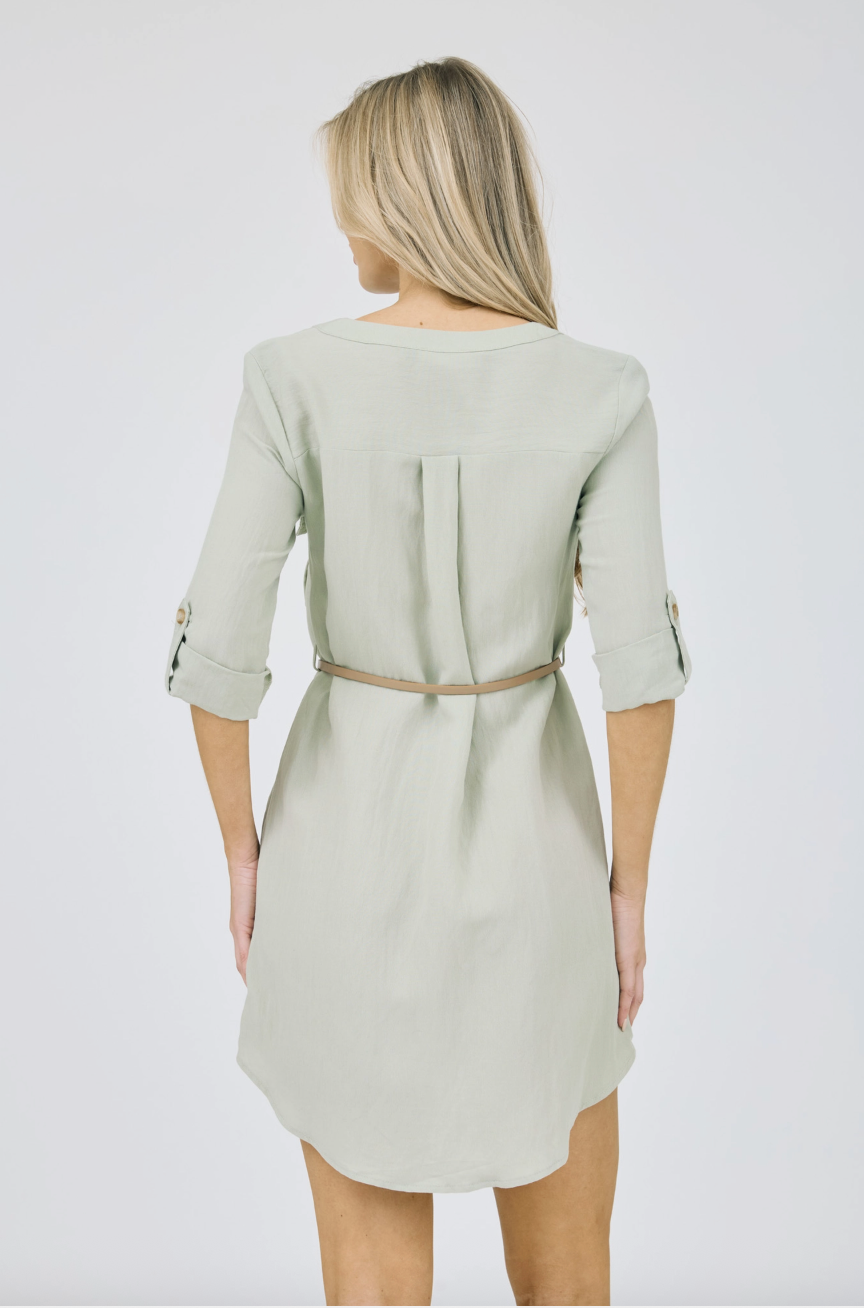 Antonia 3/4 Sleeve Belted Mini Dress - Sage