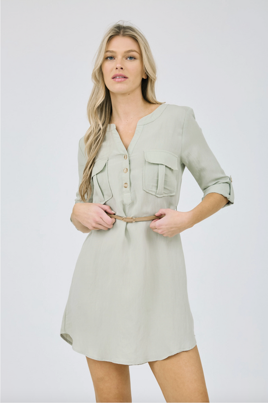 Antonia 3/4 Sleeve Belted Mini Dress - Sage