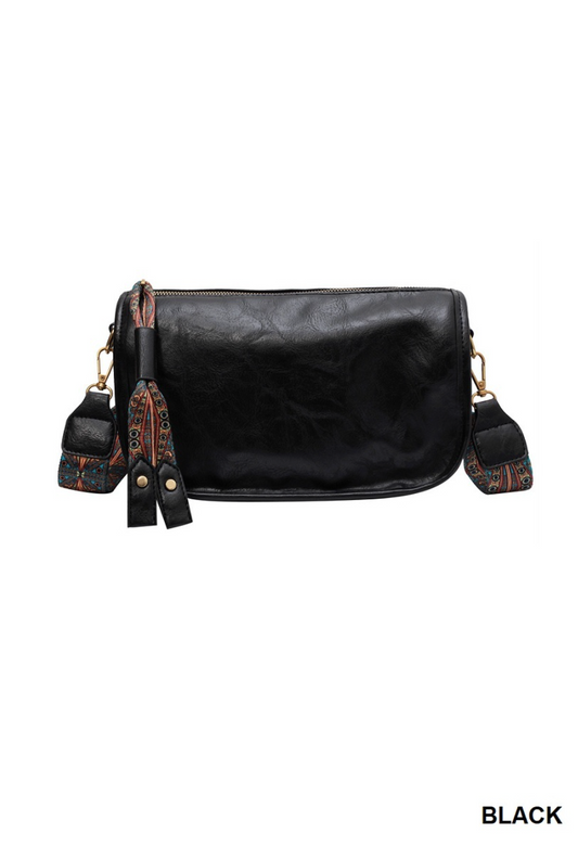 Shaylee Pattern Strap Zipper Shoulder Bag - Black