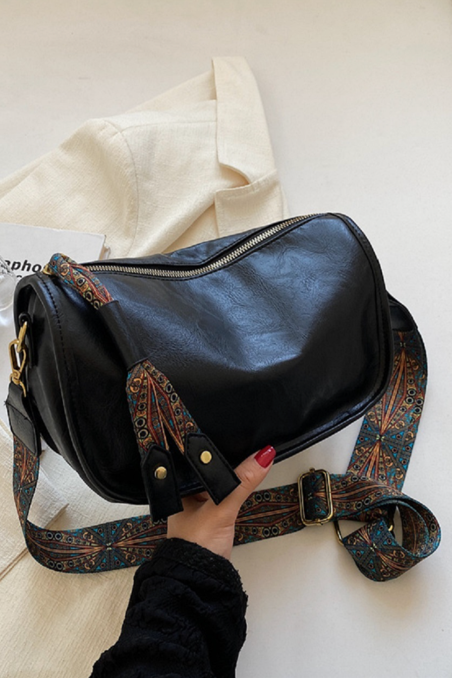Shaylee Pattern Strap Zipper Shoulder Bag - Black