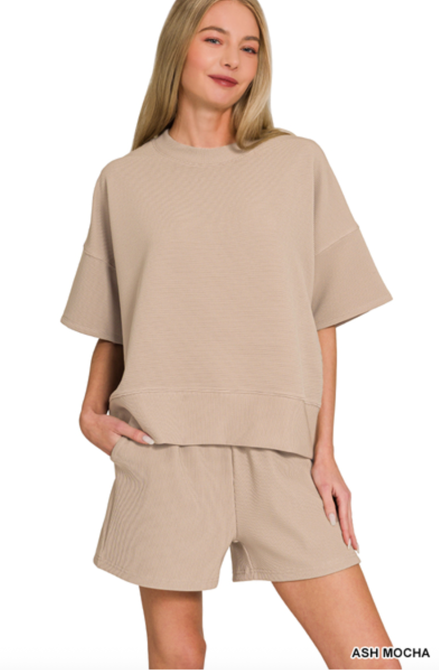 Tasha Ribbed Tee & Shorts Set - Ash Mocha