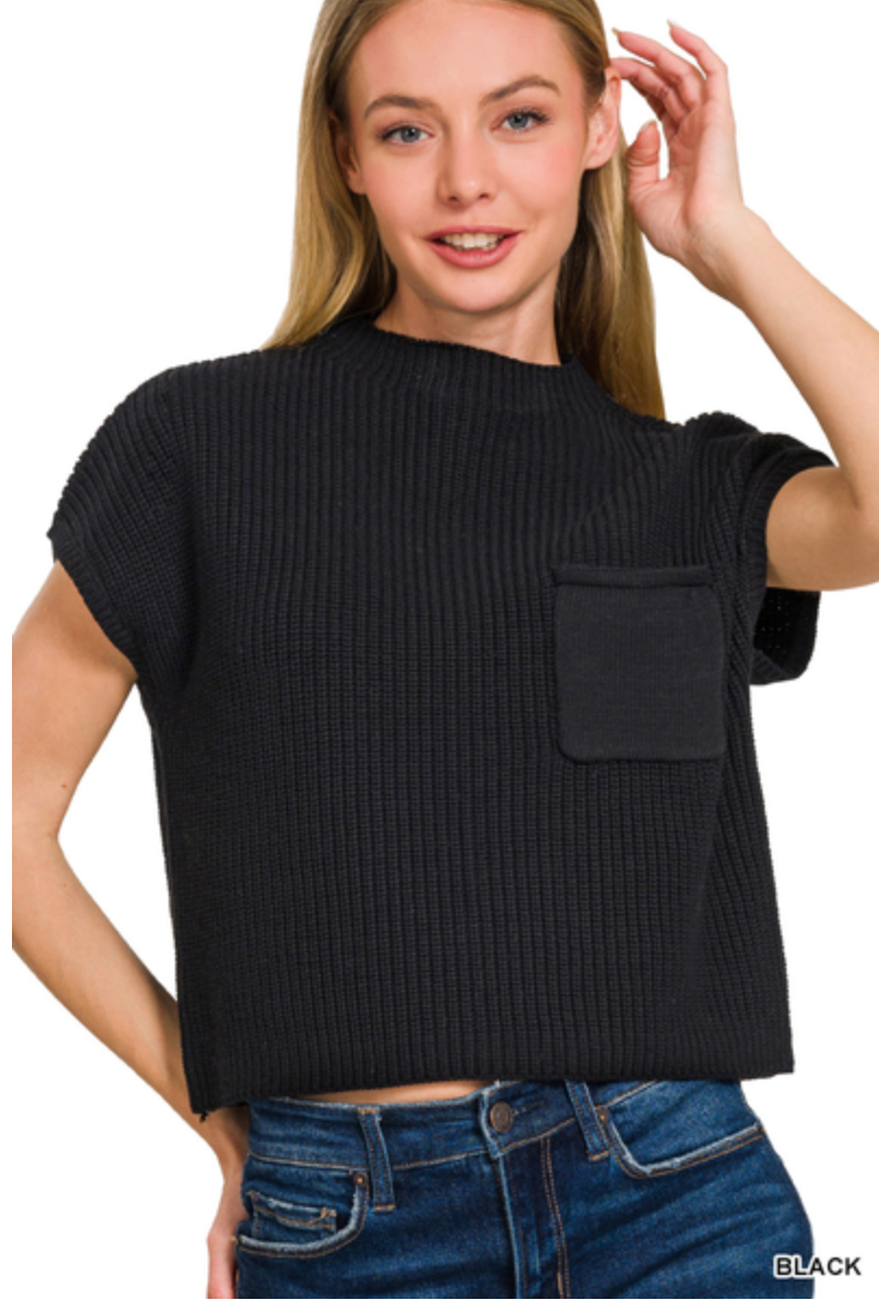 Mila Short Sleeve Cropped Sweater- Black