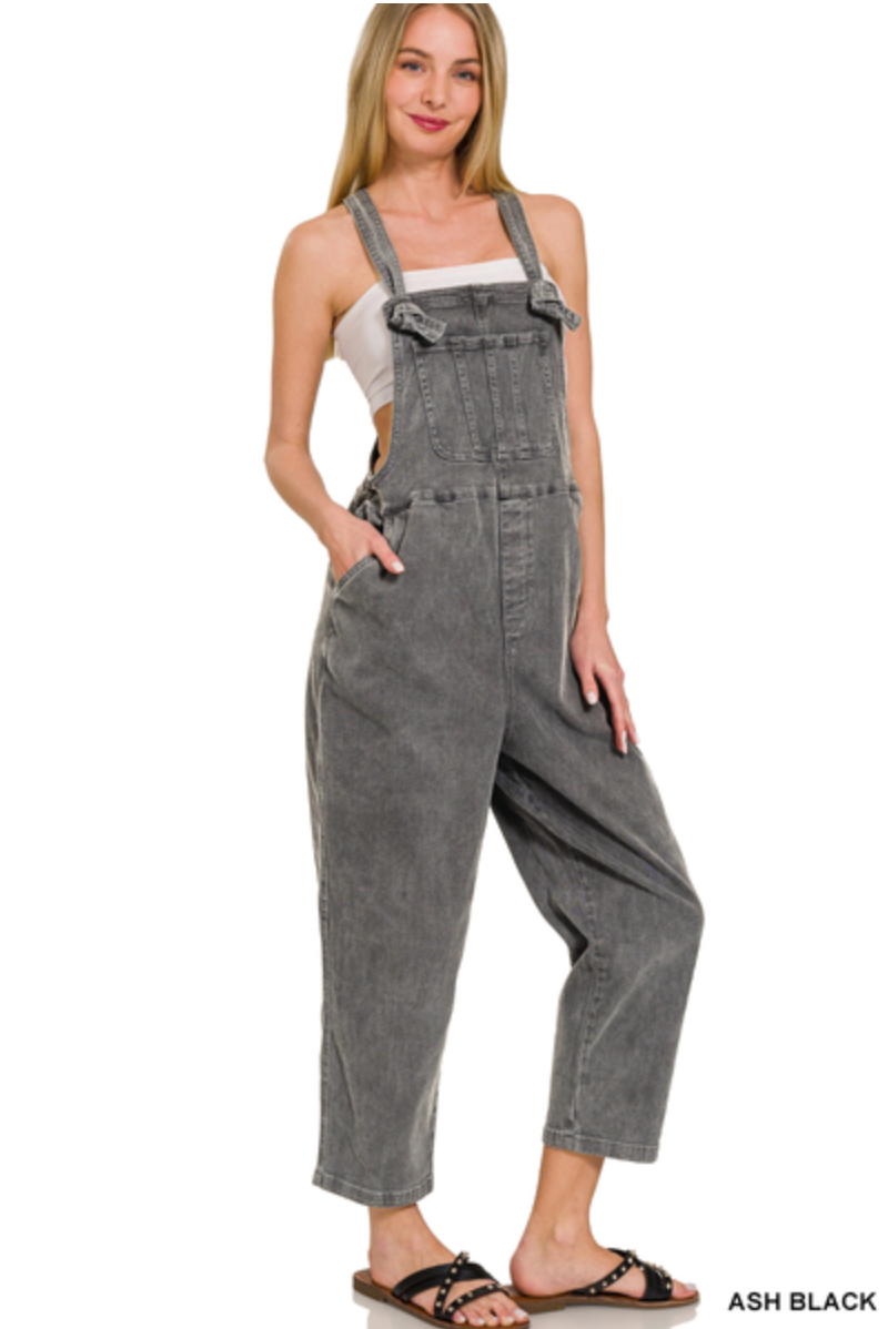 Trista Knot Strap Washed Overalls - Ash Black