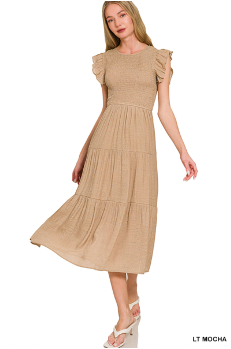 Ruffle Sleeve Smocked Midi Dress - LT Mocha