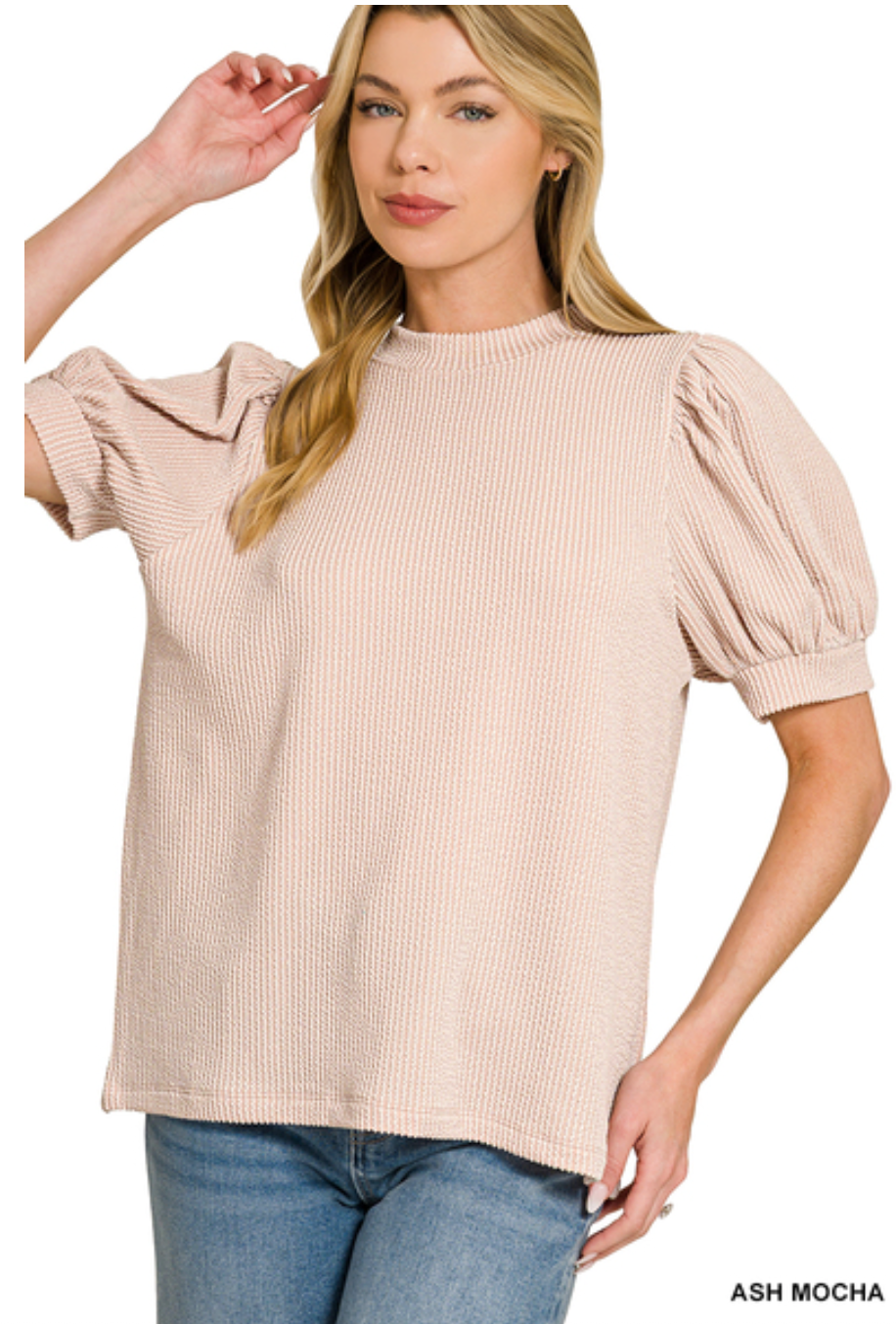 Brooke Raised Rib Puff Sleeve Top - Ash Mocha