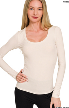 Frances Ribbed Boat Neck Long Sleeve T-shirts - White