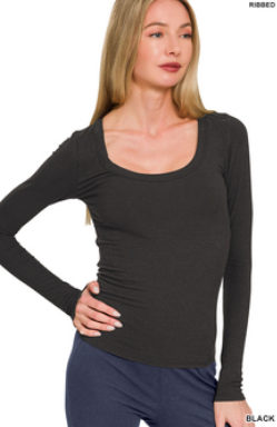 Frances Ribbed Boat Neck Long Sleeve T-shirts - Black