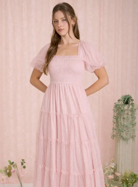 Samantha Polka Dot Tulle Puff Sleeve Smocked Tiered Midi Dress - Pink